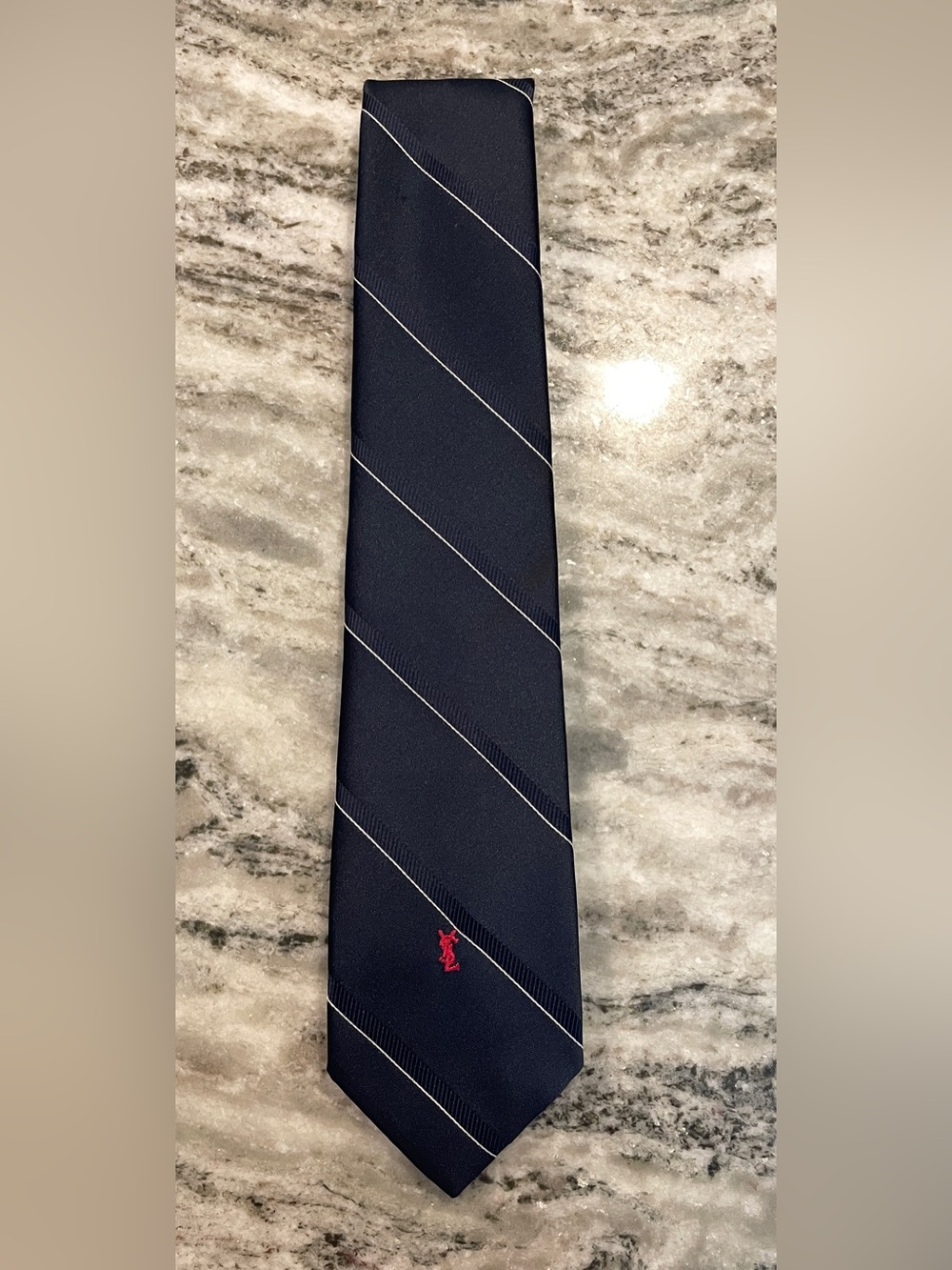 Vintage Yves Saint Laurent 100% Silk Navy Striped Tie
